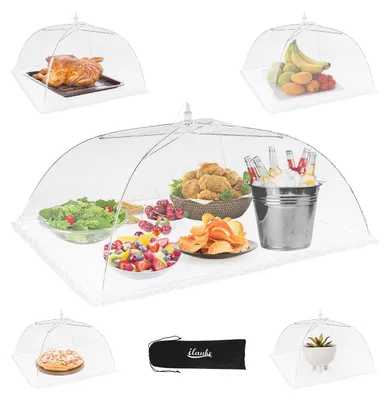 Produktbild von ilauke Extra großer, zusammenklappbarer Insektenschutz, 100 x 60 cm, 5 Stück Netzabdeckungen für Lebensmittel, 3 Größen, Fliegengitter, perfekter Insektenschutz für Partys, Obst, Essen, Grillen, Picknick (weiß)