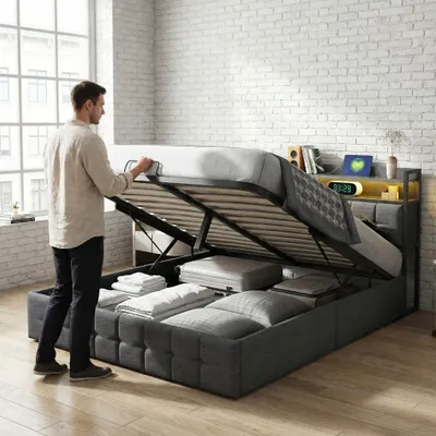 Immagine prodotto di Letto Moonbite con contenitore, dimensioni 160x200 cm, rivestito in lino grigio, con illuminazione LED – telecomando a 24 tasti, 16 colori, connessione USB di tipo C, rete a doghe