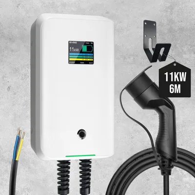 Imagen del producto de Estación de carga para vehículos eléctricos trifásica de 11 kW, cable de carga de 16A, caja de pared con conector estándar europeo Tipo 2, cargador compatible con el estándar IEC 62196-2, con cable de alimentación para conexión a la caja de distribución. Cargador portátil de carga rápida