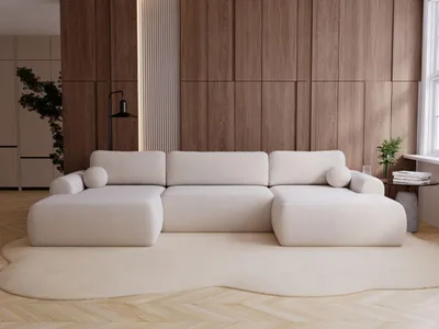 Produktbild von GrainGold Ecksofa U-Form Savana - Ecksofa mit Schlaffunktion, Bettkasten - Wohnlandschaft, Wohnzimmer Ecksofa - Eckcouch Creme (Lambi 01)