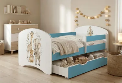 Produktbild von Happy Babies Kinderbett mit Rausfallschutz Junge 140x70 Bett für Kinderzimmer mit Schublade Matratze Einzelbett für Kinder, Blau, Bunte Aufkleber