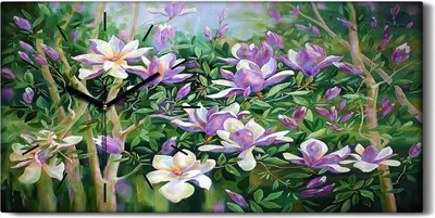 Produktbild von Dekor Leinwand Uhr Wandbilder Geräuschlos 60x30 Blühende Magnolienäste - schwarze Hände