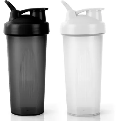 Productafbeelding van Proteïneshaker van 600 ml met meetstreep en handvat, BPA-vrij, lekvrij, zwart en wit