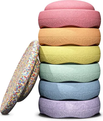 Stapelstein 6er Set mit Board Rainbow Pastell (light red/light orange/light yellow/mint/light blue/ light violet) inkl. Board Super Coneffti