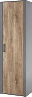 A single tall cabinet with a wooden door and gray frame.