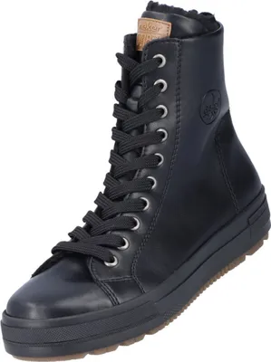 A black high-top sneaker boot with laces.