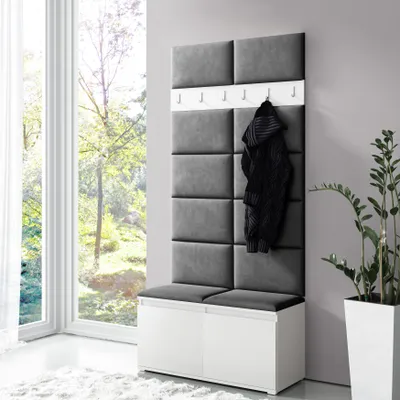 Produktbild von Garderoben-Set "Luka" mit Schuhregal und Polsterplatten, Ideal für Flur und Eingangsbereich (Weiß, Trinity 15)