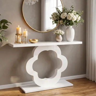 Productafbeelding van Tribesigns console tafel, 100 cm, moderne glanzende bijzettafel voor de entree | Witte salontafel met bloemvormige uitsparing aan de voet
