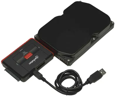 Produktbild von Manhattan Hi-Speed USB 2.0 auf SATA/IDE Adapter, 3-in-1-Adapter mit Backup auf Knopfdruck, USB Typ-A, Schwarz, SATA 1.0 FCC CE EuP WEEE, 12 V, 70 mm, 98 mm