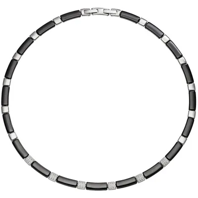 Image de Collier en acier inoxydable 45-47 cm, collier, céramique noire + acier inoxydable + zircone, fermoir à rabat