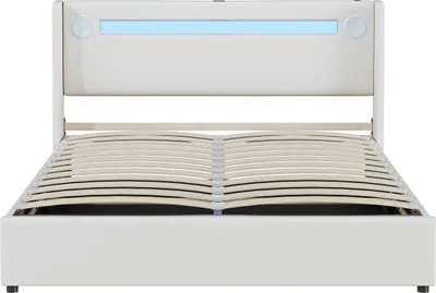 Produktbild von Polsterbett 160x200cm Doppelbett (Ohne Matratze) Mit LED-Lichtleiste Bluetooth-Player und USB-Aufladung Stauraumbett mit Lattenrost Weiß Kunstleder