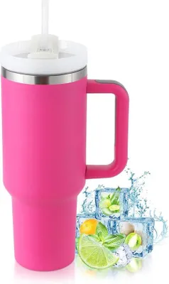 Immagine prodotto di Tazza termica con cannuccia e manico, versione premium, a doppia parete, in acciaio inossidabile, per bevande calde e fredde, tazza da caffè per la casa, rosa caldo