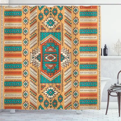 Zdjęcie produktu dla ABAKUHAUS Zasłona prysznicowa Stammes, etniczny wzór aztecki w stylu amerykańskiej bohemy, 175 x 180 cm, morelowo-pomarańczowo-turkusowa