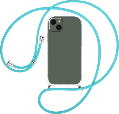 Produktbild von Handykette Backcover-Schutzhülle mit Band (Metall silberfarben) für Apple iPhone 15 Plus - türkis