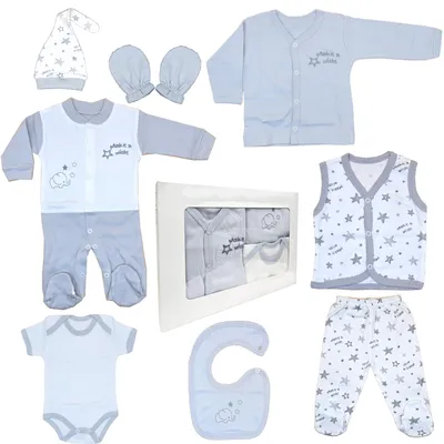 Produktbild von BLUE EYES Baby Geschenk Set 8-teilig, 100% Baumwolle, , Neugeborenen Erstausstattung 0–4 Monate, Stern-Grau