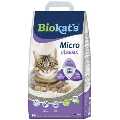 A bag of Biokat's Micro Classic cat litter with a cat image on the front.