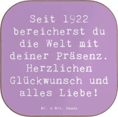 Produktbild von Mr. & Mrs. Panda Tassen Untersetzer Spruch 1922 Geburtstag - Lavendeltraum - Geschenk, für Gläser, Happy Birthday, Coaster, Liebevolle Geschenke, Feier, Jubiläum, 100.