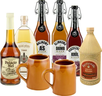 Produktbild von Setz von 6 Mets mit Keramikkrügen (Honigwein Półtorak-Eineinhalber/ 3x aromatisierten Dwójniak-Halber / 2x Trójniak-Drittel) | 3450ml | 13-16% Alkohol Metwein | Polnische Produktion