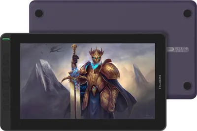 A Huion Kamvas 13 graphics tablet is shown from the front and back, displaying a fantasy artwork on its screen.