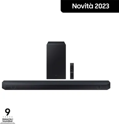 A Samsung soundbar, subwoofer, and remote are displayed against a white background.