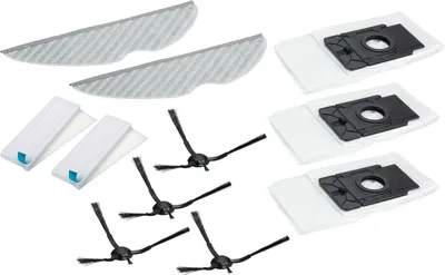 A collection of accessories for a robot vacuum cleaner, including mop pads, filters, side brushes, and dust bags.