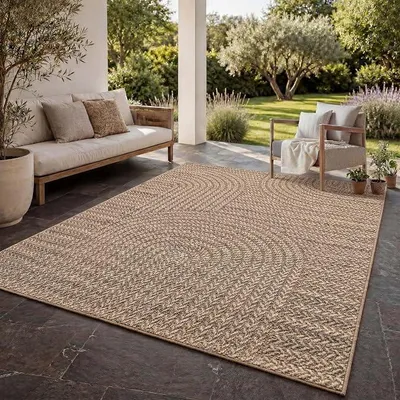Produktbild von In- & Outdoor Teppich Wohnzimmer im Boho Jute-Look wetterfest für Balkon, Terrasse, Wintergarten, Schlafzimmer, Küche - Strapazierfähig & Robust und Pflegeleicht beige 2 240x340 cm