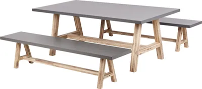Produktbild von BELIANI Gartenmöbel Set 3-Teilig Grau Faserzement Rechteckiger Tisch 200 x 100 cm und 2 Bänke mit hellen Holzbeinen Indoor & Outdoor Garten