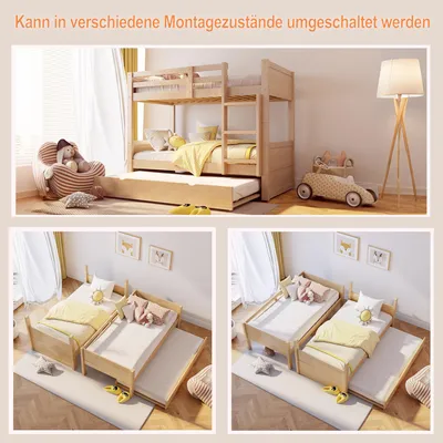 Image de Lit superposé Merax 90 x 200 cm avec lit gigogne et sommier à lattes, lit en bois transformable en 2 lits simples, lit d'enfant avec échelle et barrières de sécurité, finition naturelle