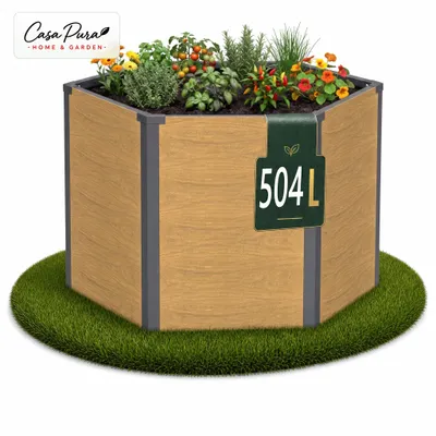 Productafbeelding van Verhoogde plantenbak Lilia, zeshoekig, van metaal met houtlook, geschikt voor tuin, terras of balkon – 77 cm hoog, eikenhoutkleur