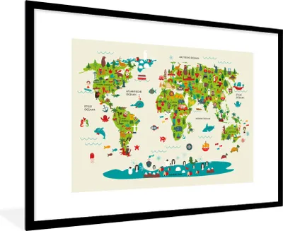 Produktbild von MuchoWow® MuchoWow® Gerahmtes Poster Weltkarte Kinder - Grün - Tiere 90x60 cm - Poster mit zchwarzem Bilderrahmen - Wanddekoration - Fotos