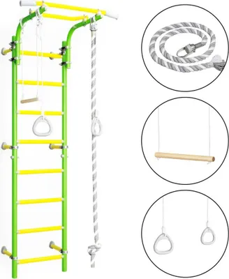 Produktbild von Sprossenwand für Kinder Indoor Klettergerüst aus Metall mit Gymnastikschaukel und Gymnastikräder  – Comet Next 1, hellgrün