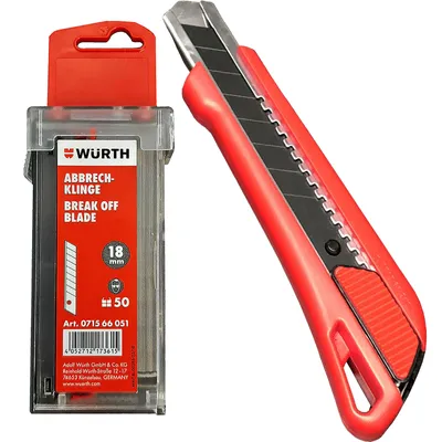 Produktbild von Würth 1 x 1K Cutter Messer mit Schieber 18mm + 1 x 50 Würth Klingen im Spender