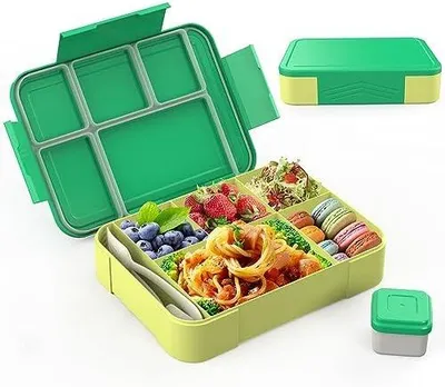Produktbild von Brotdose Kinder mit Fächern 1300ml Lunchbox für Kinder, Auslaufsichere Bento Box mit 5 Fächern Besteckset, Lunch Box für Kindergarten, Schule, Picknick, Ausflüge (grün)