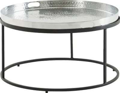Couchtisch Hammerschlag Metall mit silberner Tabletop und schwarzem Metallgestell in Gesamtansicht.