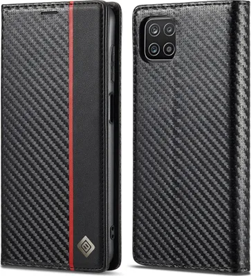 Image de Etui pour Samsung Galaxy A22 5G Etui en cuir carbone avec porte-cartes, aimant et support Noir Vertical Rouge
