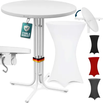 A white round folding bar table with a white hourglass-shaped cover, and swatches of black, red, and gray covers shown to the right.