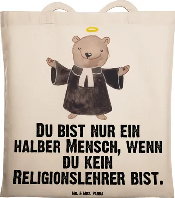Produktbild von Mr. & Mrs. Panda Tote Bag Religionslehrer Herz - Transparent - Geschenk, Grundschule, Tasche, Jutebeutel, Beutel, Spruch, Lustig, Shopping, Einkaufstasche, Witzig