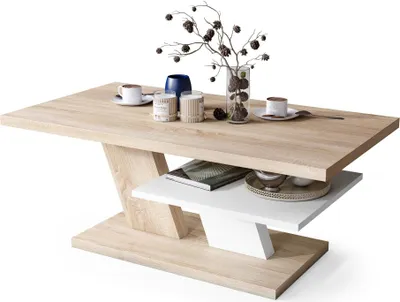 Produktbild von Moderne Wohnzimmertisch Conte, Sonoma Eiche + Weiß, mit Hochglanz-Oberfläche – Stilvolles Design & Praktische Funktion -05