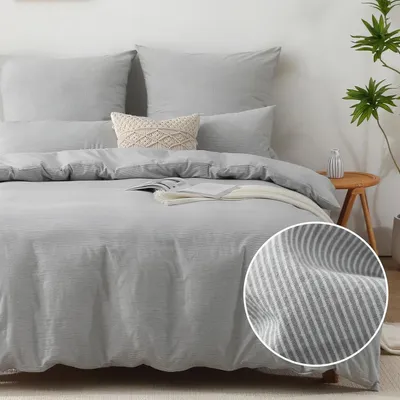 Produktbild von Bettwäsche-Set 155x220 cm Baumwolle Grau Gestreift Leinenoptik 2-teilig