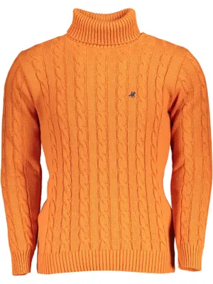 Produktbild von Herren Rollkragenpullover Orange mit Zopfmuster und Stickerei