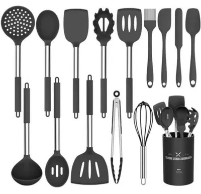 Productafbeelding van Keukenaccessoireset, 15-delig, siliconen, antiaanbaklaag, hittebestendig, roestvrijstalen handgreep, zwart