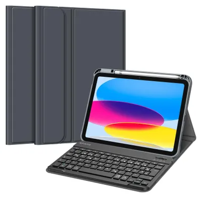 A tablet with a keyboard case and stylus is displayed against a white background.