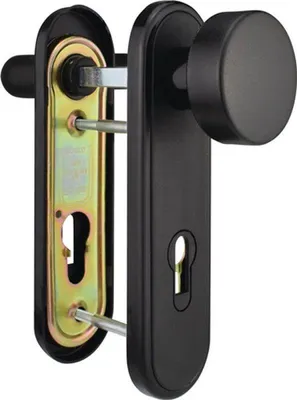 A black door handle set with a keyhole and a round knob, shown with its internal mechanism.