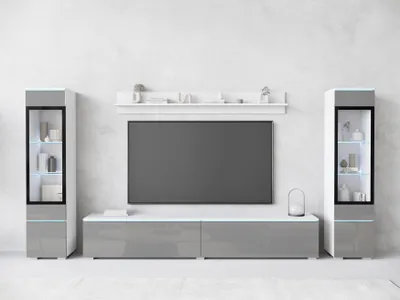 Produktbild von MINIO go for it, Wohnwand "VEVE 2", hängend, stehend, 4-Teilig, mit LED-Beleuchtung, Weiß / Grau Hochglanz Farbe
