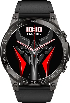 A close-up of a smartwatch with a black strap and a dark gray bezel. The watch face displays a stylized graphic resembling a mask, along with the time and date.
