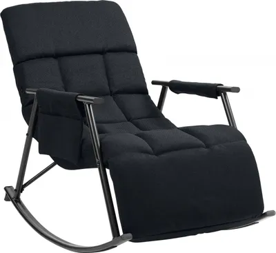 A black rocking chair against a white background.