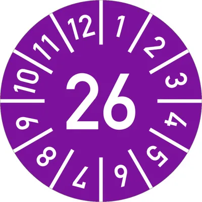 Produktbild von Dreifke® Prüfplakette Jahr 26 mit Monaten, violett, Dokumentenfolie, Ø 20 mm,...