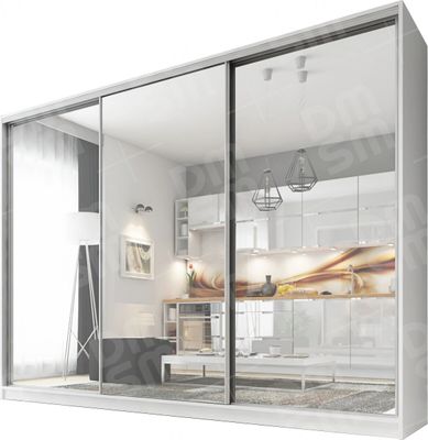 Großer Schiebeschrank DMSM 270 cm mit drei Spiegeln und vier Schubladen, Weißer Kleiderschrank für das Schlafzimmer.