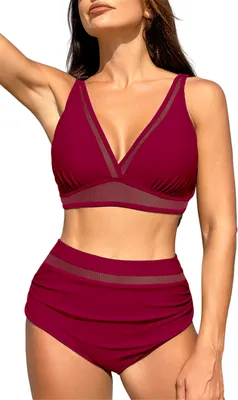 Produktbild von ASKSA Damen Bikini Set Push Up Bauchweg Badeanzug y V Ausschnitt Zweiteiliger Bademode Swimsuit, Weinrot, Groesse: M