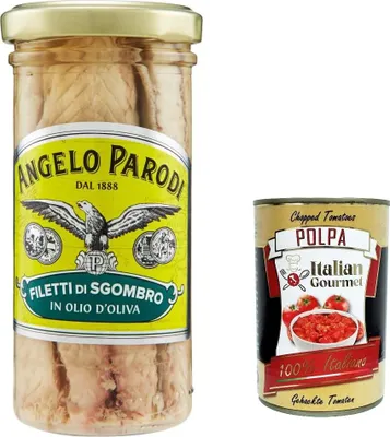 Produktbild von 6x Angelo Parodi Filetti Di Sgombro In Olio D'oliva in vetro, Makrele Filets in Olivenöl in Glas 150 g + Itlaian Gourmet polpa 400g